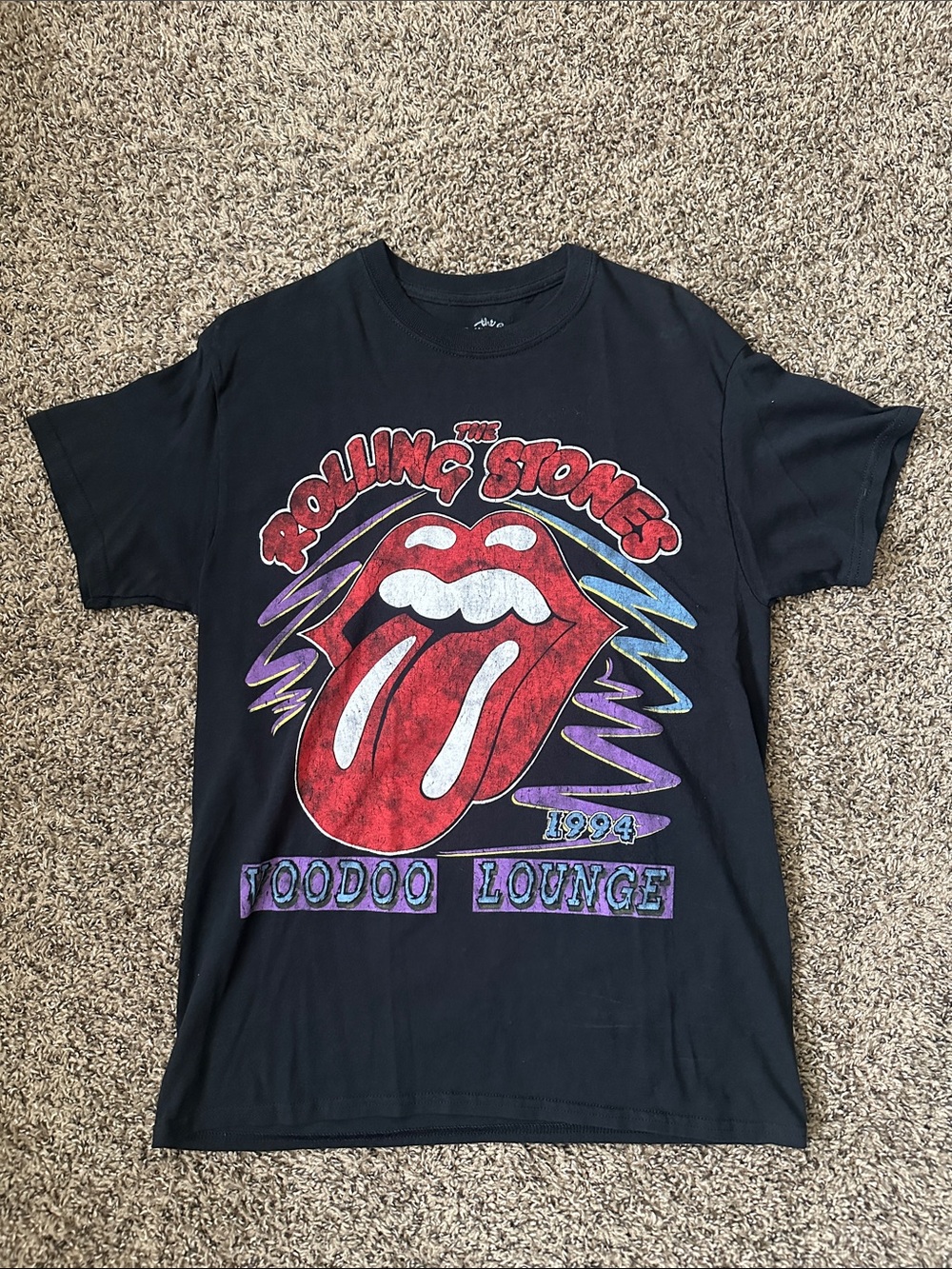 the Rolling Stones Black Tee with Red Tongue & Purple Accents
